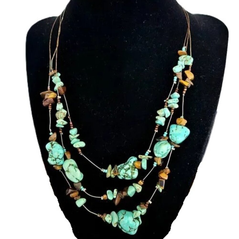 Vintage TURQUOISE 3-strand necklace Tiger Eye genuine Cowboy Native Western GUC